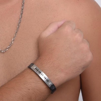 Detalhes do produto Pulseira Masculina de Couro com Aço Inox