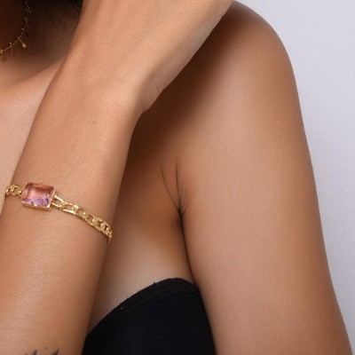 Detalhes do produto Pulseira Groumet 4mm com Grande Safira Rosa Ouro 18k